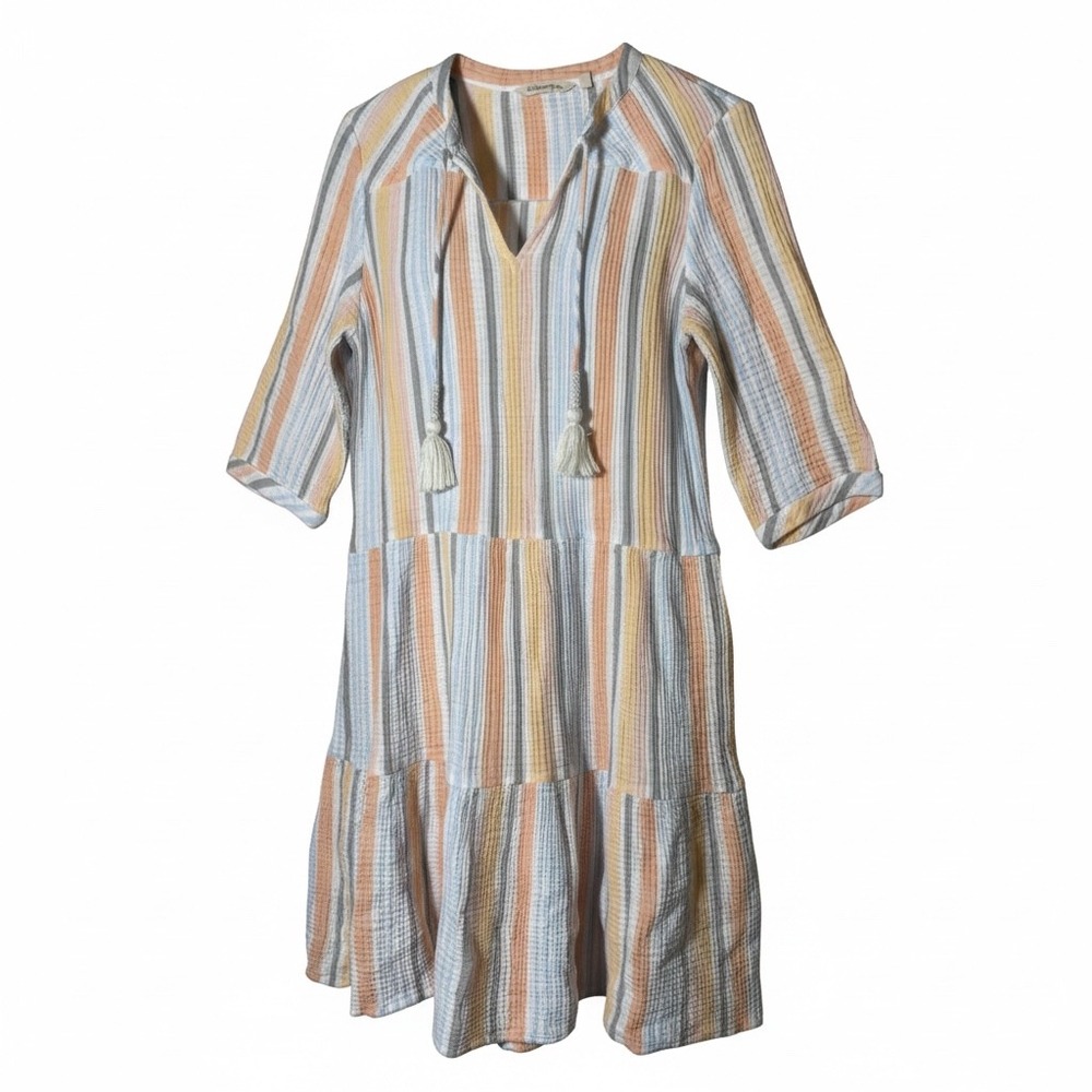 Soft Surroundings 100% Cotton Gauze Multicolor Stripe Midi Dress‎ Medium Petite